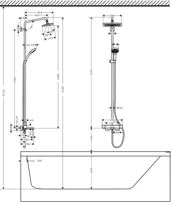 Душова система Hansgrohe E Showerpipe 280 1jet для ванни, хром (27687000)