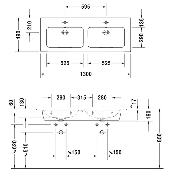 Комплект мебели тумба подвесная с двойной раковиной Duravit XSquare 128 х 47,8 см (XS407504747+2336130000) фото 3 Aquada.com.ua