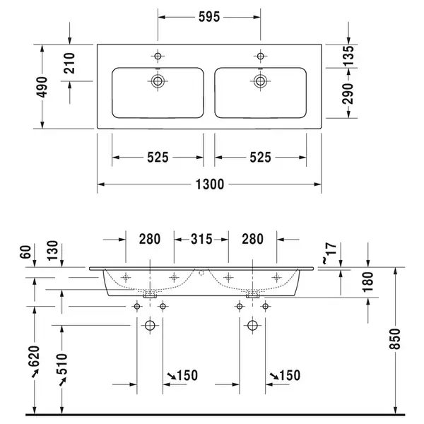 Комплект мебели тумба подвесная с двойной раковиной Duravit XSquare 128 х 47,8 см (XS417509797+2336130000) фото 4 Aquada.com.ua