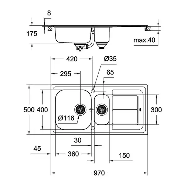GROHE Комплект Мийка для кухні 860 x 500 мм з ексцентриком, 1 чаша + Eurosmart Змішувач одноважільний для (31565SD0) фото 2 Aquada.com.ua