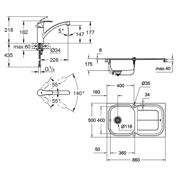 GROHE Комплект Мийка для кухні 860 x 500 мм з ексцентриком, 1 чаша + Eurosmart Змішувач одноважільний для (31565SD0)