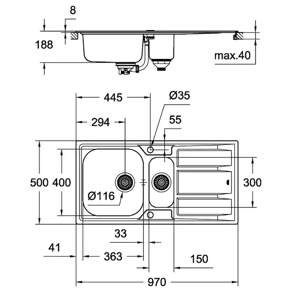 GROHE Мийка для кухні 970 x 500 мм з ексцентриком, 2 чаши, матова (31567SD0)