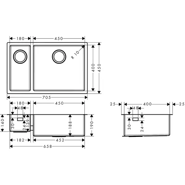 Hansgrohe S71 S719-U655 Кухонна мийка, 2 чаші, сталь (43429800)