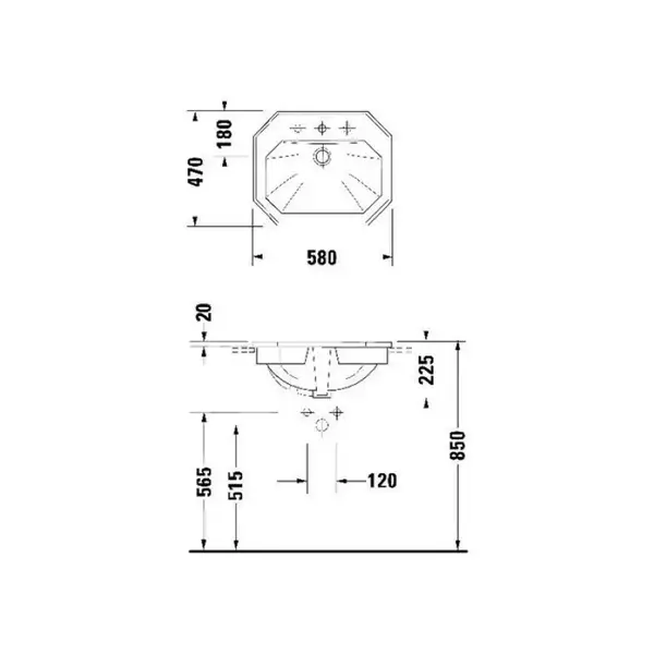 Встраиваемая раковина Duravit 1930 580 х 470 мм (3 отверстия для смесителя) (0476580030) фото 3 Aquada.com.ua