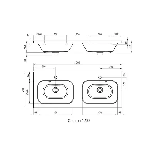 Двойная раковина Ravak Chrome 1200 х 490 мм (с переливом) (XJG01112000)