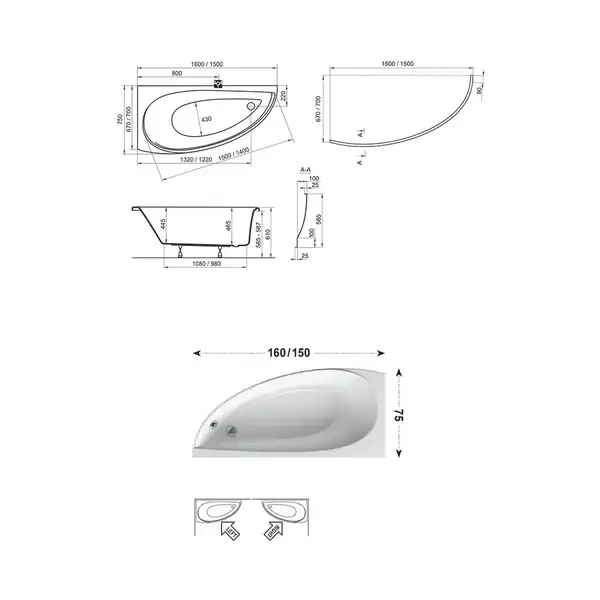 Ванна акриловая Ravak Avocado 150 х 75 см, L (исполнение слева) (CT01000000) фото 4 Aquada.com.ua