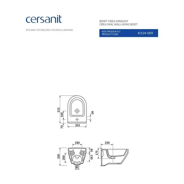 Cersanit CREA Біде підвісне овальне, біле (CCBW1001390757)