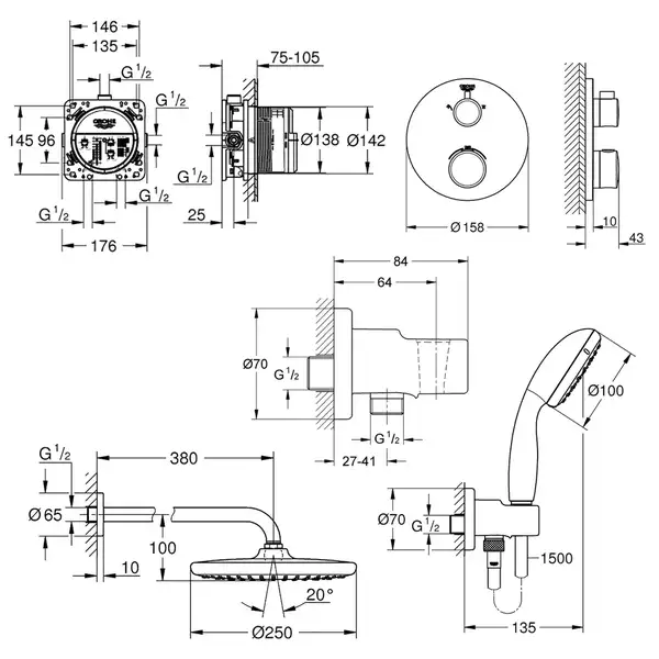Комплект для душа Grohe Grohtherm з Tempesta 250, хром (26416SC0)