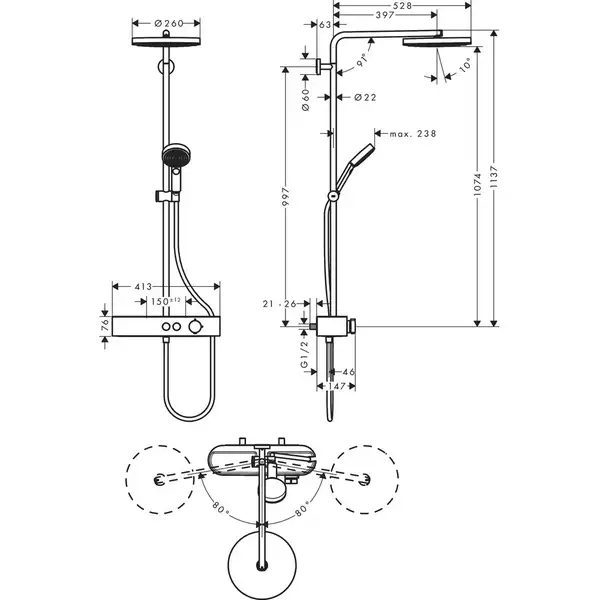 Душевая система Hansgrohe Pulsify 260 1jet с ShowerTablet 400, хром (24220000)