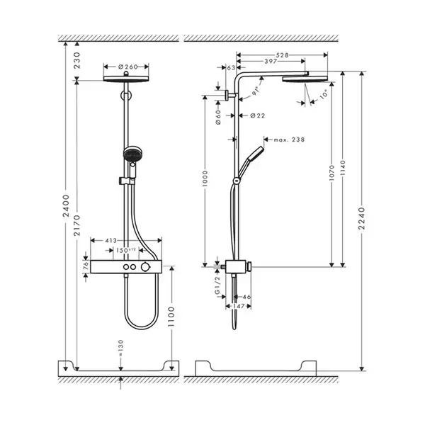 Душова система з термостатом Hansgrohe Pulsify Showerpipe 260 1jet EcoSmart із ShowerTablet Select 400 (колір - білий матовий) 24221700