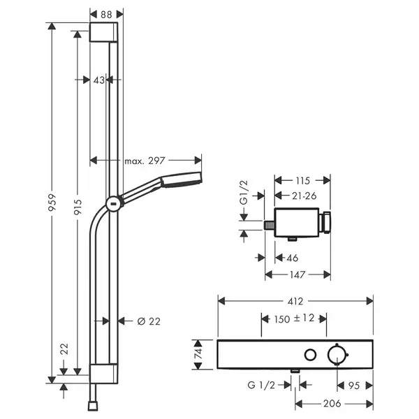 Душевая система с термостатом Hansgrohe Pulsify 105 3jet Relaxation (цвет - хром) (24270000) фото 2 Aquada.com.ua