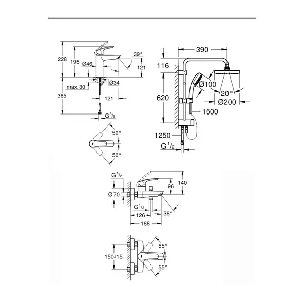 Набір змішувачів Grohe Eurosmart New 3 в 1 для ванни та душу, хром (UA123389M0)