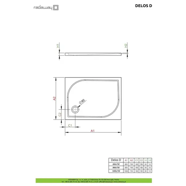 Душовий піддон Delos D 90x75 см, RADAWAY (4D97545-03)
