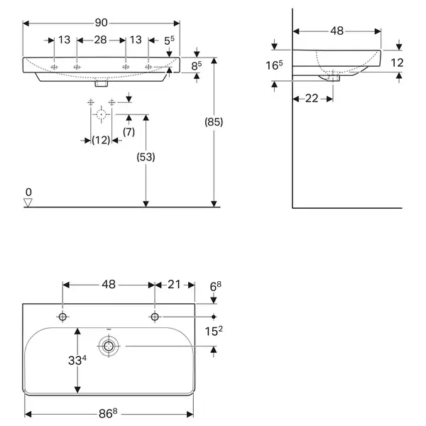 Раковина подвесная Geberit Smyle Square 90 х 48 х h16,5 см, с 2 отверстиями под смеситель (500.252.01.1)