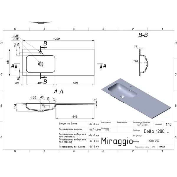 MIRAGGIO Умывальник DELLA 1200 L MATT (0000913)
