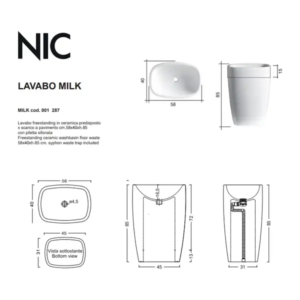 Nic-Design Умивальник окремо стоячий Nic Design Milk 58х40х85 см, злив в підлогу, cemento matt (001287047)