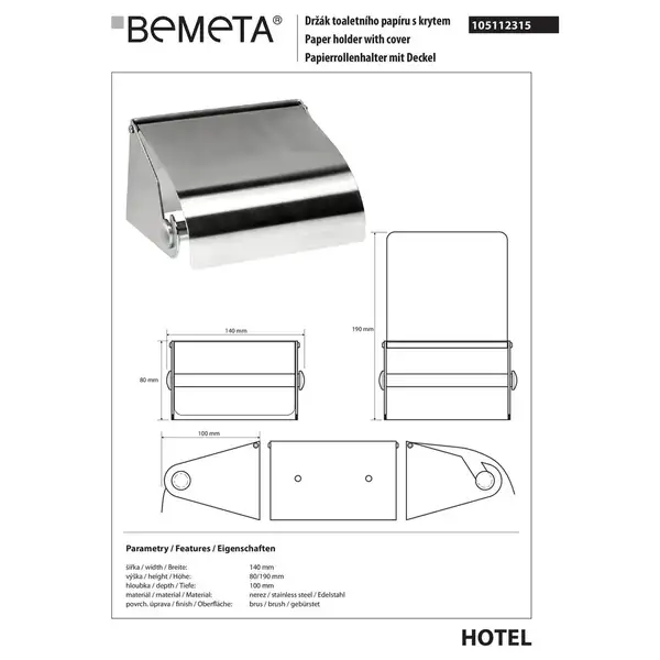 Тримач туалетного паперу 105112315 Hotel : з кришкою, нержавіюча сталь, хром Bemeta Чехія