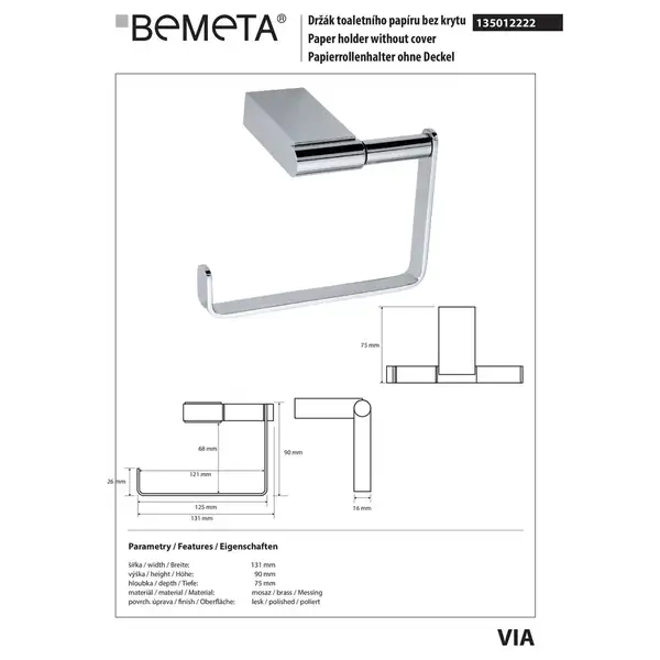 Тримач 135012222 VIA туалетного паперу Bemeta Чехія