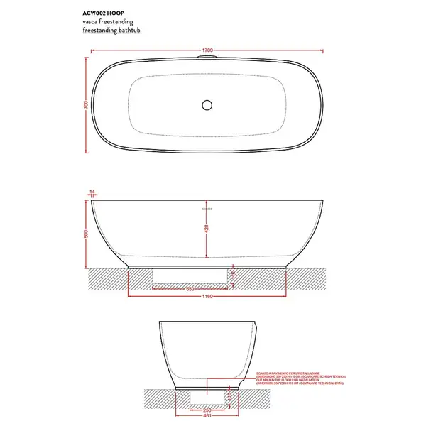 Ванна з штучного каменю Artceram Hoop 170x70 (ACW002 05)
