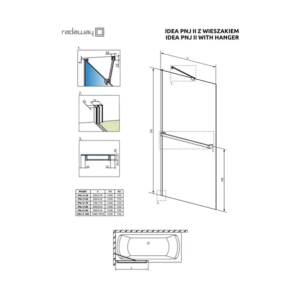 Шторка для ванни Idea PNJ II 80 з тримачем рушника, RADAWAY (10001080-01-01W)