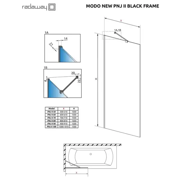 Шторка для ванни Modo New Black PNJ II 70 Frame, RADAWAY (10006070-54-56)