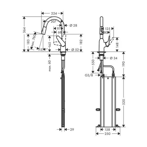 Кухонный смеситель 180, с вытяжным душем, 2jet sBox Hansgrohe Focus M42 (цвет - хром) 71821000