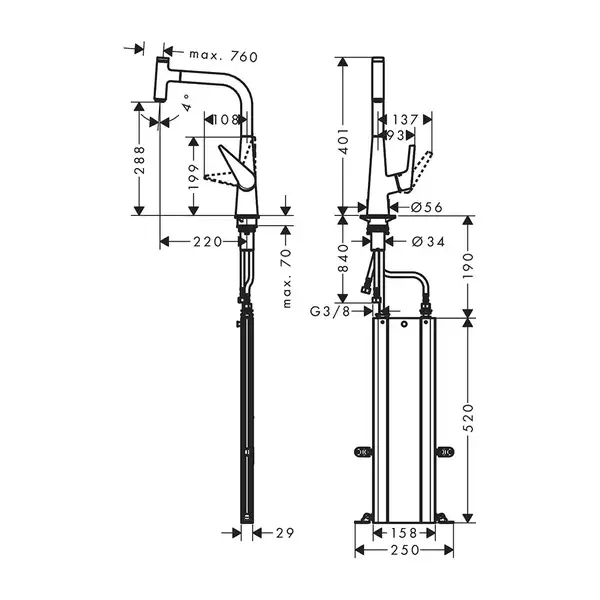 Смеситель для кухни 300 Hansgrohe Talis Select M51, с вытяжным изливом, 1jet, sBox (цвет - сталь) 73853800