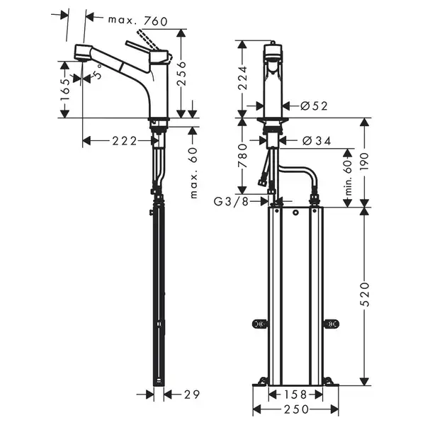 Смеситель для кухни 170, с вытяжным душем, 2jet Hansgrohe Talis M52 (цвет - хром) 73860000