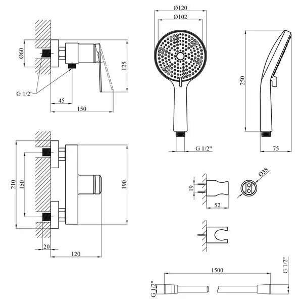 Kroner Element Змішувач душу, хром (CV035965)