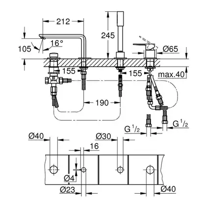 Смеситель однорычажный на борт ванны на 4 отверстия Grohe Lineare (цвет - хром) (19577001) фото 2 Aquada.com.ua