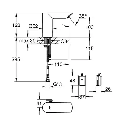 Смеситель электронный для раковины Grohe Bau Cosmopolitan E (цвет - хром), со смешиванием и регулируемым ограничителем температуры (36451000) фото 2 Aquada.com.ua Смеситель электронный для раковины Grohe Bau Cosmopolitan E (цвет - хром), со смешиванием и регулируемым ограничителем температуры (36451000) фото 2 Aquada.com.ua