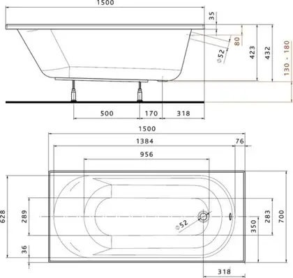 KOLO OPAL PLUS ванна 150*70см прямоугольная, без ножек (XWP135000N) фото 2 Aquada.com.ua