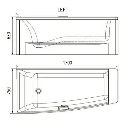 VOLLE Ванна 170*75*63см асимметричная, левая, без гидромассажа (TS-102/L) фото 2 Aquada.com.ua