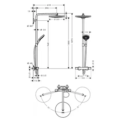 Душевая система с термостатом Hansgrohe Raindance Select S Showerpipe 300 2jet (цвет - хром) (27133000) фото 5 Aquada.com.ua