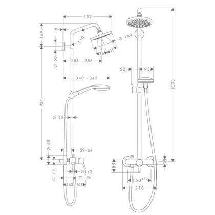 Душевая система Hansgrohe Croma Showerpipe 160 1jet (цвет - хром) (27154000) фото 2 Aquada.com.ua Душевая система Hansgrohe Croma Showerpipe 160 1jet (цвет - хром) (27154000) фото 2 Aquada.com.ua
