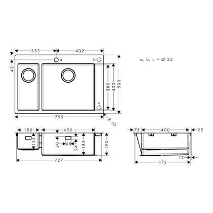Встраиваемая кухонная мойка Hansgrohe S71 S711-F655 (цвет - нержавеющая сталь) 180/450 (43309800) фото 4 Aquada.com.ua