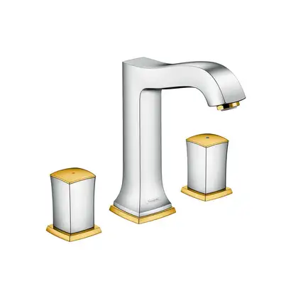 Смеситель для раковины на 3 отверстия Hansgrohe Metropol Classic (цвет - хром/золото), с донным клапаном (31305090) фото 1 Aquada.com.ua