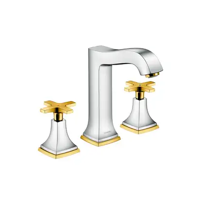 Смеситель для раковины на 3 отверстия Hansgrohe Metropol Classic (цвет - хром/золото), с донным клапаном (31307090) фото 1 Aquada.com.ua