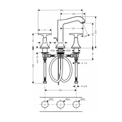 Смеситель для раковины на 3 отверстия Hansgrohe Metropol Classic (цвет - хром/золото), с донным клапаном (31307090) фото 3 Aquada.com.ua