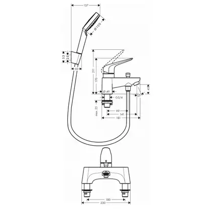 Смеситель на борт ванны Hansgrohe Novus (цвет - хром), с ручным душем (71044000) фото 2 Aquada.com.ua