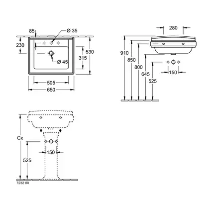 Раковина подвесная Villeroy & Boch Hommage 650 х 530 мм (710165R2) фото 2 Aquada.com.ua