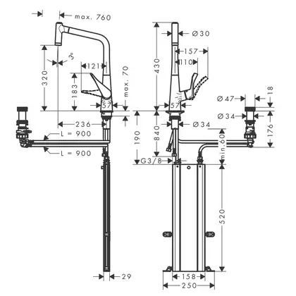 Смеситель для кухни Hansgrohe Metris Select 320 2jet, sBox (цвет - хром), с вытяжным душем (73806000) фото 7 Aquada.com.ua