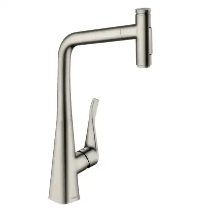 Смеситель для кухни Hansgrohe Metris Select 320 2jet (цвет - сталь), с вытяжным душем (73820800) фото 1 Aquada.com.ua Смеситель для кухни Hansgrohe Metris Select 320 2jet (цвет - сталь), с вытяжным душем (73820800) фото 1 Aquada.com.ua