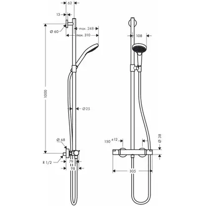 Душевой гарнитур с термостатом Hansgrohe Croma Select S (цвет - хром/белый) (27247400) фото 2 Aquada.com.ua