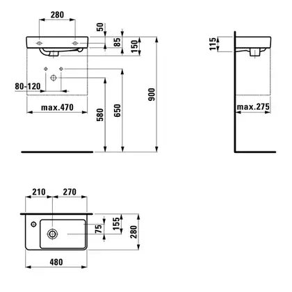 Маленькая (мини) раковина 48 х 28 см Laufen Pro S, отверстие под смеситель слева (H8159550001041) фото 6 Aquada.com.ua