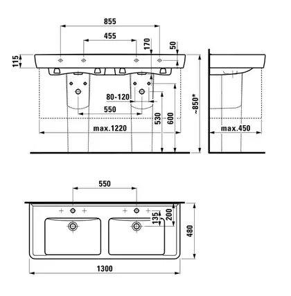 Двойная раковина 130 х 48 см Laufen Pro (H8149670001041) фото 3 Aquada.com.ua Двойная раковина 130 х 48 см Laufen Pro (H8149670001041) фото 3 Aquada.com.ua