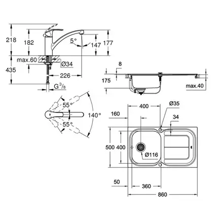 GROHE Комплект Мийка для кухні 860 x 500 мм з ексцентриком, 1 чаша + Eurosmart Змішувач одноважільний для (31565SD0) фото 4 Aquada.com.ua GROHE Комплект Мийка для кухні 860 x 500 мм з ексцентриком, 1 чаша + Eurosmart Змішувач одноважільний для (31565SD0) фото 4 Aquada.com.ua
