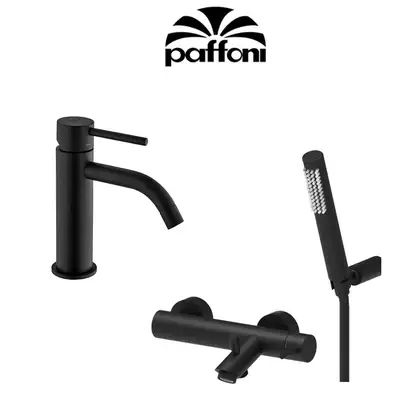 Смеситель для ванны/душа + смеситель для раковины с донным клапаном Paffoni Light (цвет - чёрный матовый) (LIG023NO+LIG075NO) фото 1 Aquada.com.ua Смеситель для ванны/душа + смеситель для раковины с донным клапаном Paffoni Light (цвет - чёрный матовый) (LIG023NO+LIG075NO) фото 1 Aquada.com.ua