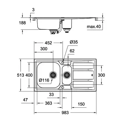 GROHE Мийка для кухні 983 x 513 мм з ексцентриком, 2 чаши, матова (31569SD0) (31569SD0) фото 6 Aquada.com.ua GROHE Мийка для кухні 983 x 513 мм з ексцентриком, 2 чаши, матова (31569SD0) (31569SD0) фото 6 Aquada.com.ua