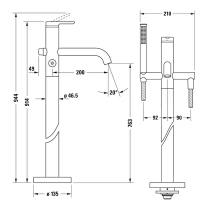 Смеситель для ванны напольный Duravit C.1 (цвет - хром), с душевым гарнитуром (C15250000010) фото 3 Aquada.com.ua
